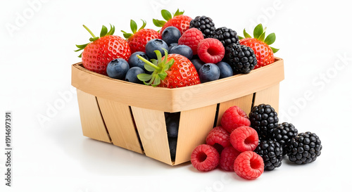 Fresh mixed berries in a small wooden basket on white background  healthy food transparent background