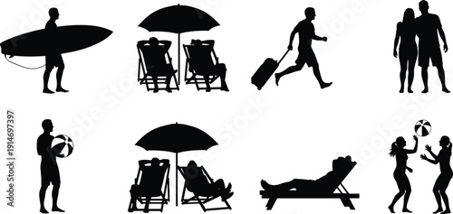 Collection of Summer Beach Activity Silhouette Vector Illustration Set, People Surfing Sunbathing and Traveling for Tropical Vacation Holiday Resort and Outdoor Leisure Design,