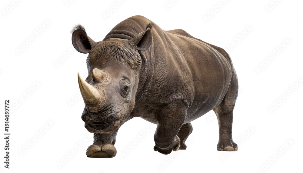 Obraz premium Rhino on a journey: A majestic rhinoceros, walking with confident stride. The rhino's formidable presence, complete with its characteristic horn, captures the strength and beauty of the animal. 