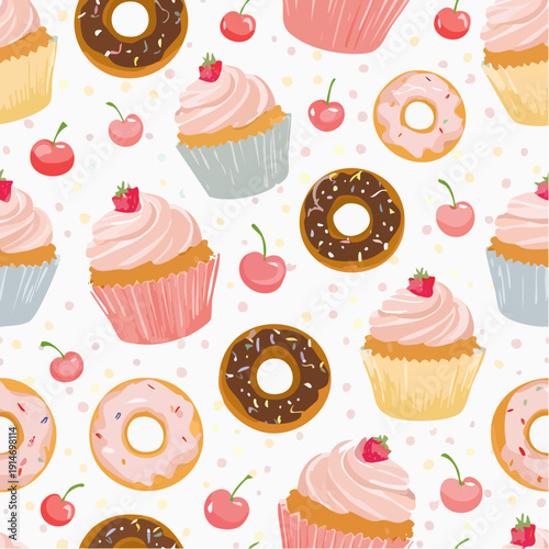 Vector seamless pattern with cupcakes and donuts