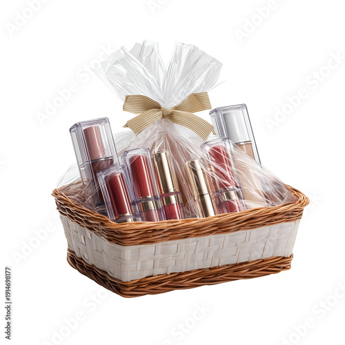 Gift basket filled with various cosmetics products wrapped in clear plastic and tied with a ribbon on transparent background