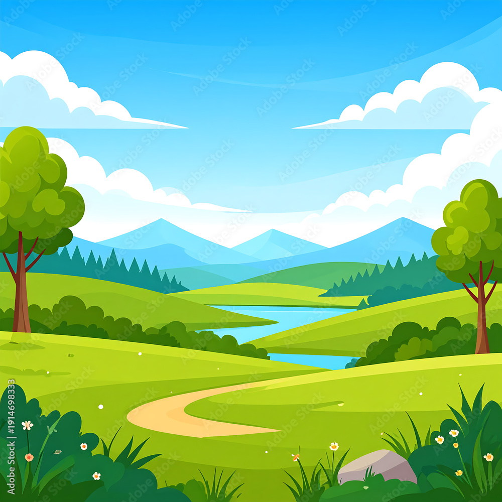 Fototapeta premium Cartoon landscape winding path leads to lake, green hills, mountains, trees and a blue cloudy sky