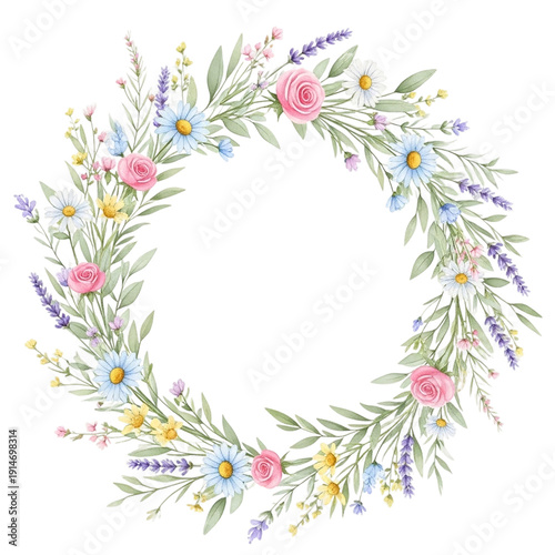 Watercolor floral wreath with roses daisies and lavender on transparent background
