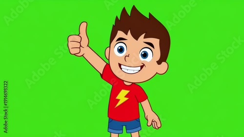 Cheerful cartoon boy giving thumbs up against a bright green background in playful style.