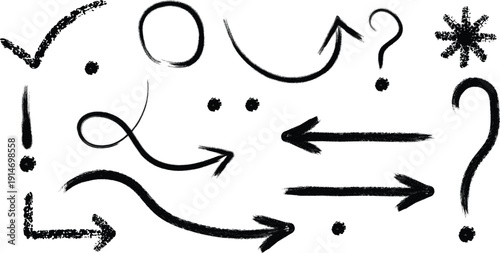 A collection of various black arrows and punctuation marks on a white background
