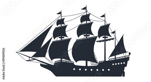 Silhouette of a majestic tall ship with multiple sails navigating the open ocean waves