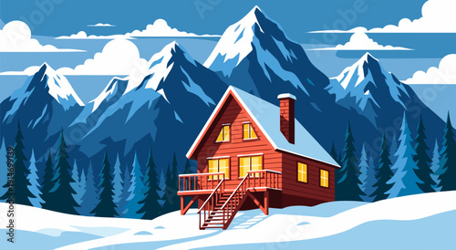 Cozy Winter Cabin in the Snowy Mountains A Beautiful Vector Illustration
