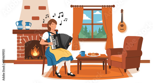 Charming vector illustration of a woman playing the accordion in a cozy room with a fireplace