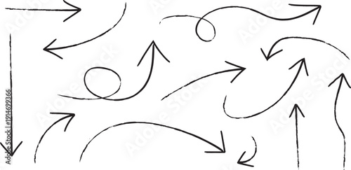 A collection of hand drawn arrows in various directions and styles on a white background