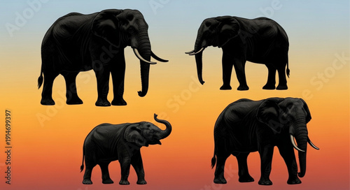 Four African Elephants Silhouetted Against a Sunset Sky.