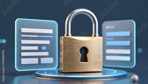 Free Download Secured Data: A shining padlock symbolizes security, with digital interfaces suggesting secure access and protection of data and information in an innovative illustration. - GFXLoad