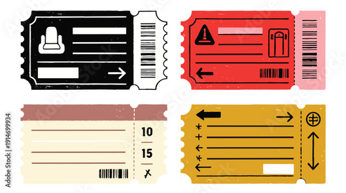 Colorful ticket stubs with barcodes and symbols for events and travel