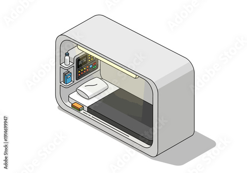 Illustration of a futuristic laboratory equipment with various components and controls inside a sleek, modern machine viewed from an isometric perspective.
