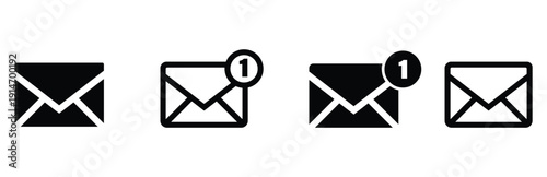 Four black and white envelope icons with varying notification indicators