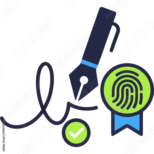 A pen signs a document with a verified fingerprint and checkmark nearby indoors.