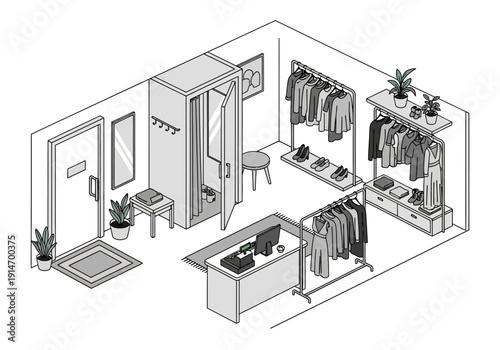 Isometric view of a modern clothing store interior with racks, shelves, and changing room