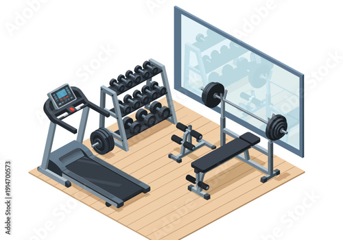 Modern gym setup with equipment and weights on a wooden floor, reflecting fitness through a mirrored wall, captured from a high vantage point