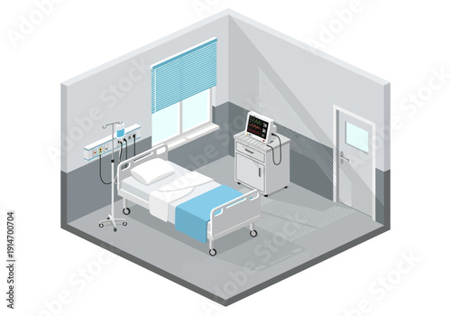 Isometric illustration of a hospital room with a bed, medical equipment, and a window from a three-quarter viewpoint