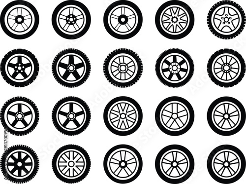 Collection of black and white car wheel with various spoke wheels spokes
