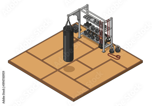 Gym equipment setup on a wooden floor with punching bag and workout station