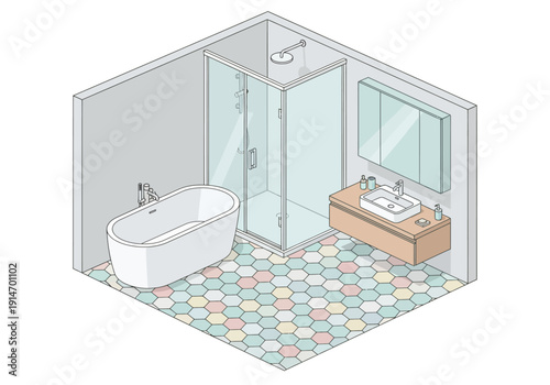 Modern bathroom interior with freestanding tub, glass shower, and double sink vanity, viewed from above in an isometric perspective