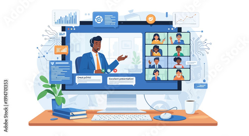 Businessman presenting to colleagues in virtual meeting on computer screen