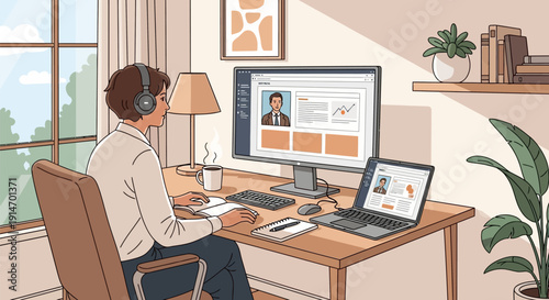 Remote worker in home office setting with computer and laptop