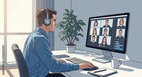 Man working from home on video conference call