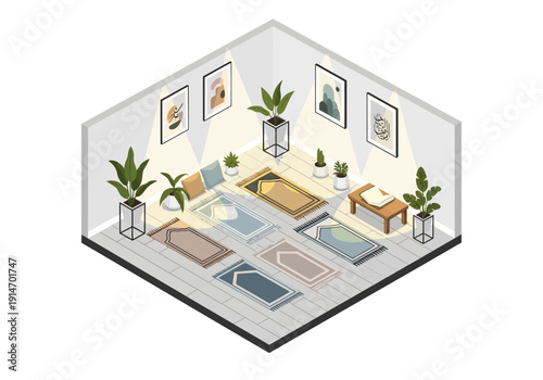 Isometric illustration of a modern bedroom interior with furniture and plants from an aerial viewpoint