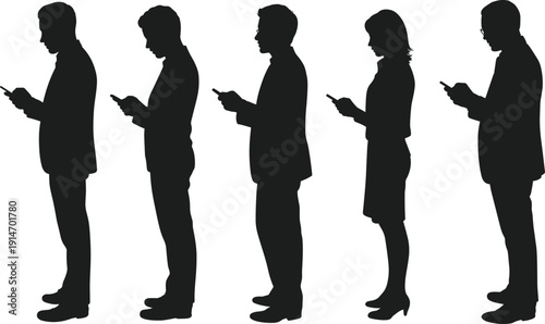 Business people silhouette using smartphones, standing profile collection, mobile communication concept, social media addiction, workplace technology lifestyle, flat vector illustration