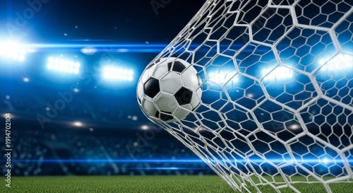 Soccer ball scoring a goal in a professional stadium at night with bright blue floodlights and dramatic lens flares.