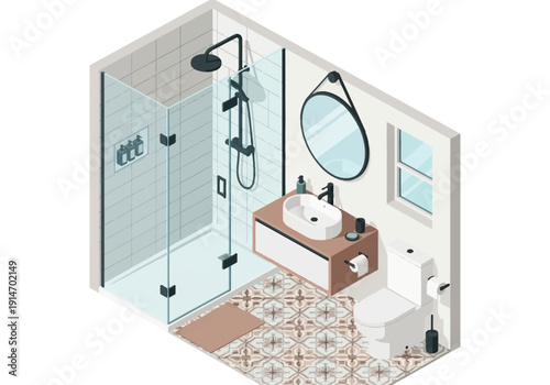 Isometric view of a modern bathroom with shower, sink, toilet, mirror, and tiled floor