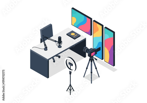 Modern office setup with camera equipment and multiple monitors on a sleek desk
