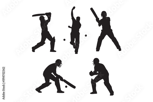 This image displays five black silhouettes representing different roles and actions in the sport of cricket against a plain white background. The figures illustrate a bowler mid-delivery.