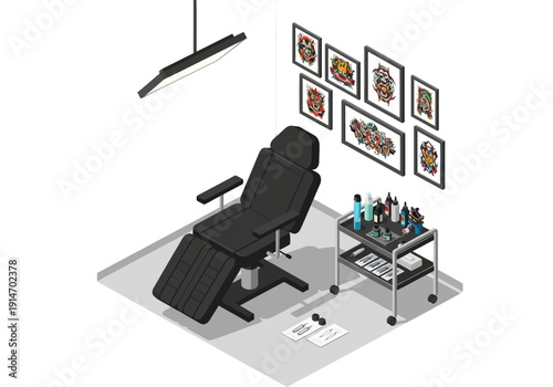 Tattoo chair and equipment setup in a modern studio with artwork on the wall, viewed from above