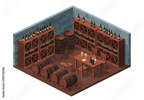 Wine cellar interior with barrels and bottles on shelves viewed from a corner perspective