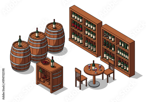 Illustration of a wine cellar scene with barrels, storage, and a tasting area featuring wooden furniture from an isometric viewpoint