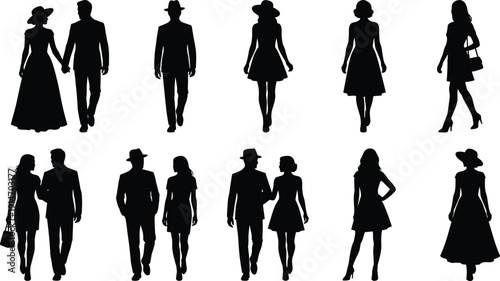 Elegant couple and woman silhouette collection, walking men and women in vintage outfits isolated on white background set