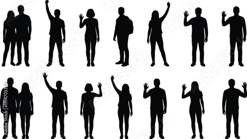 People waving hand silhouette collection, men and women greeting, standing figures isolated on white background set