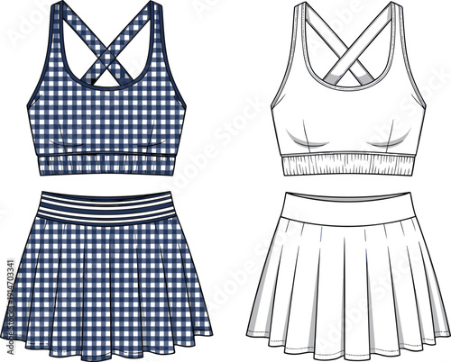 Women's Technical Flat Sketch of Gingham Plaid Tennis Set Featuring Cross Back Sports Bra Crop Top and High Waisted Pleated Skirt