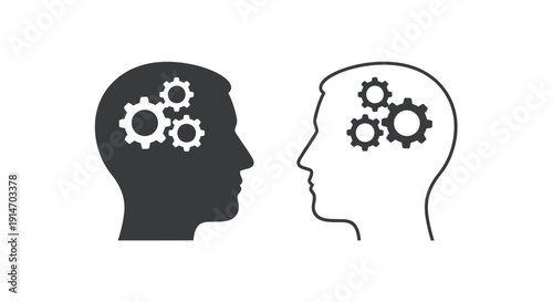 Two contrasting human silhouettes facing each other symbolize conflicting thoughts and mechanical thinking processes