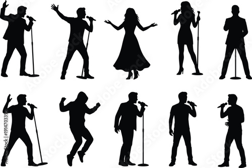 Singers silhouette collection, male and female performers with microphone singing on stage isolated on white background set
