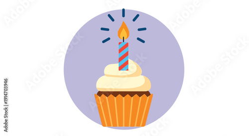 Simple flat icon design featuring a single lit birthday cupcake with creamy frosting and bright candle.