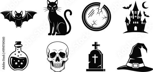 Halloween spooky silhouette illustration set, eight black icons bat cat mirror haunted castle potion skull gravestone witch hat design, vector artwork, holiday theme, isolated background