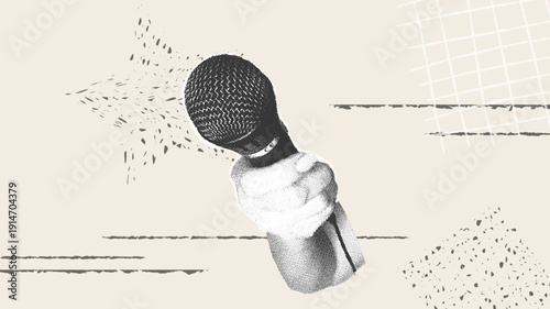 Microphone in hand. Trendy halftone collage with a grainy photocopy effect for flyers, banners, and social media. Vector illustration.