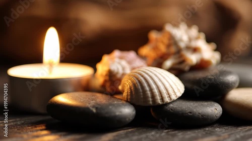 Relaxing Candlelight Spa Scene with Smooth Stones and Shells