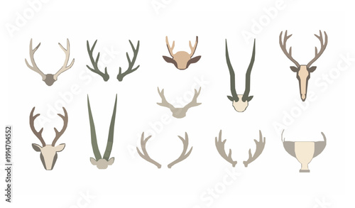 Minimal horn and antler vector set with deer and reindeer wildlife elements isolated on white background