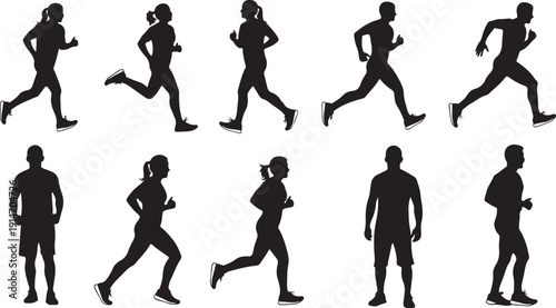 Silhouettes of people running and walking in various poses