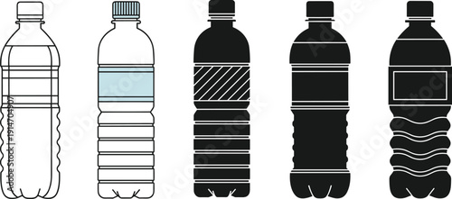 Water bottle illustration set, five black icons packaging design label variation plastic container hydration product vector artwork, lifestyle and beverage theme, isolated background