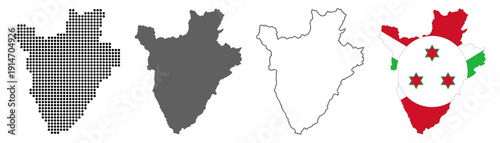 Burundi country map vector set with dotted pattern solid silhouette outline and national flag illustration